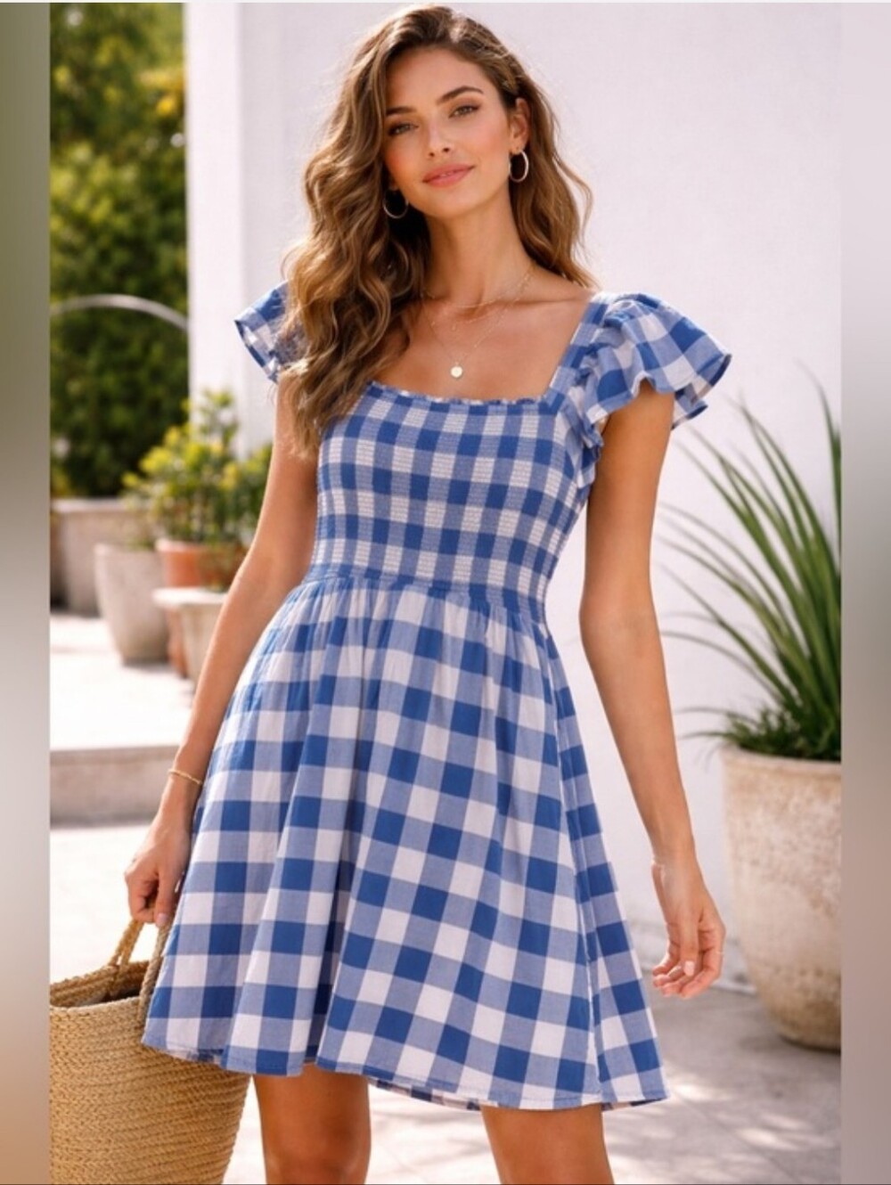 Old Navy Blue Gingham Flutter Sleeve Smocked Sun Dress Plus Sz 3X Cottagecore